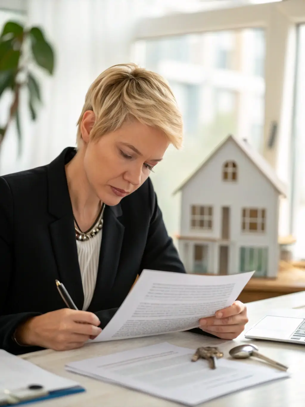 A notary public reviewing and stamping a property deed with a background of a house and keys, representing real estate document certification.