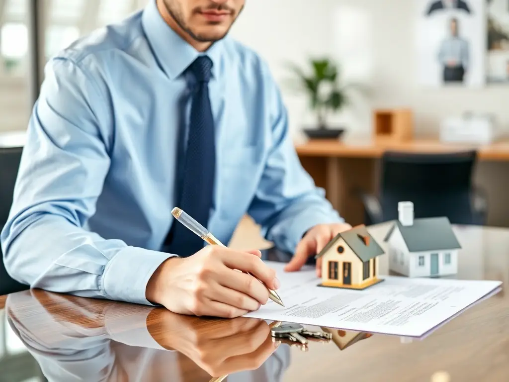 A notary public is seen officiating the signing of real estate documents, with keys and a model house subtly placed in the background.