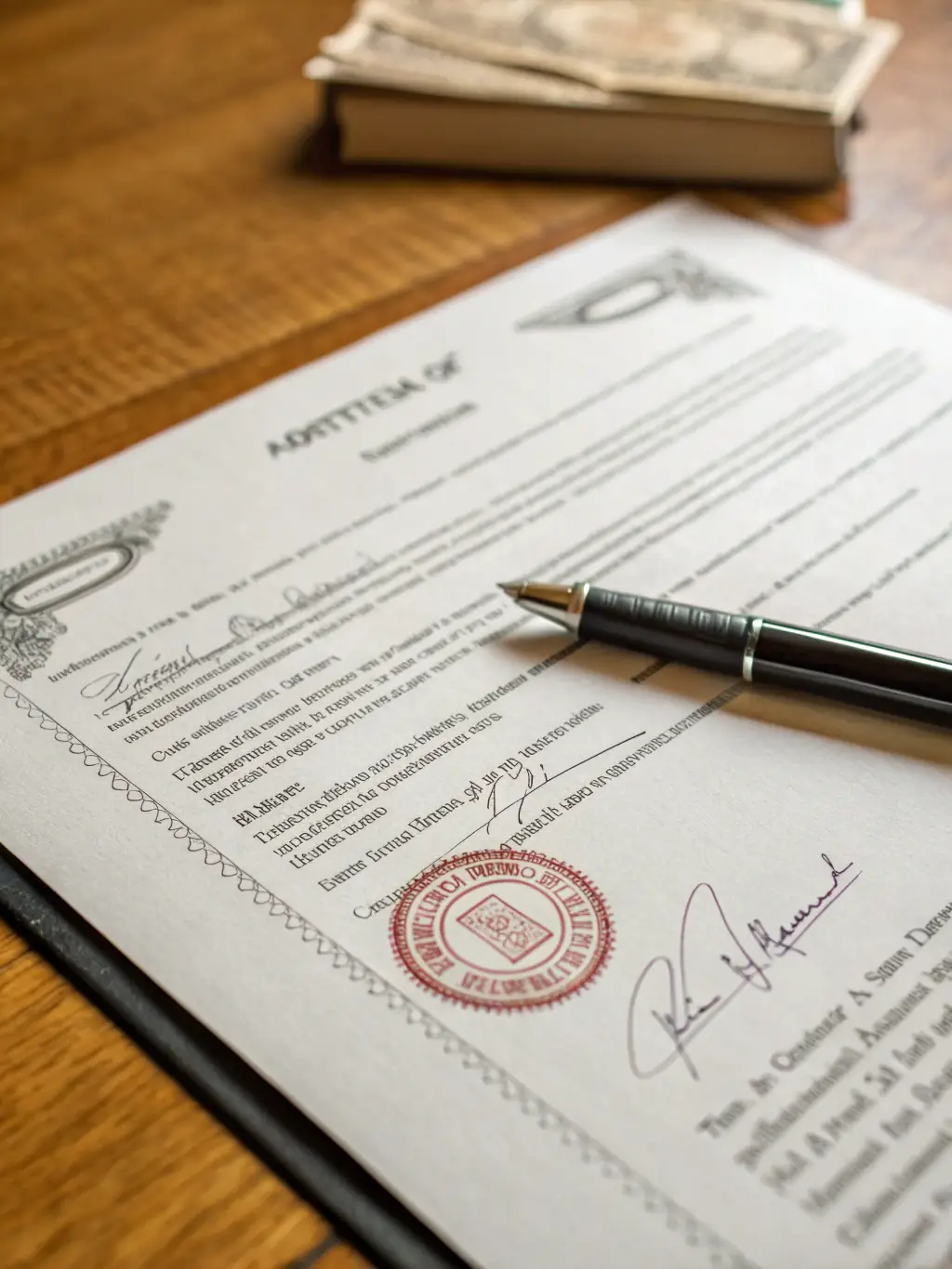 Close-up of various official documents and a notary seal, emphasizing the importance of accurate and certified notarization.