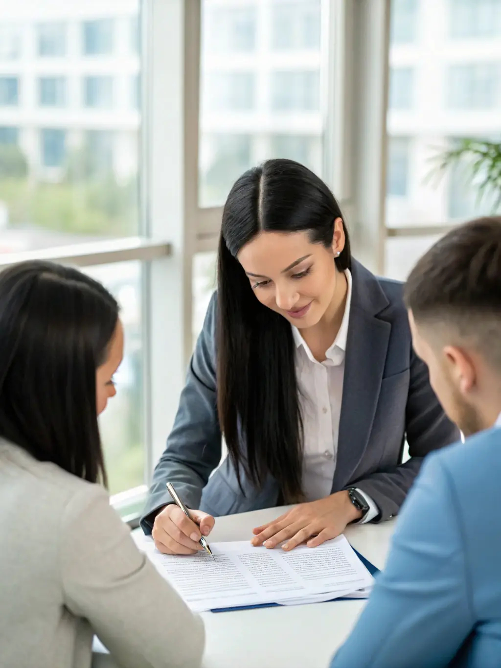 A signing agent guiding a client through signing mortgage documents at a desk, illustrating certified signing agent services.