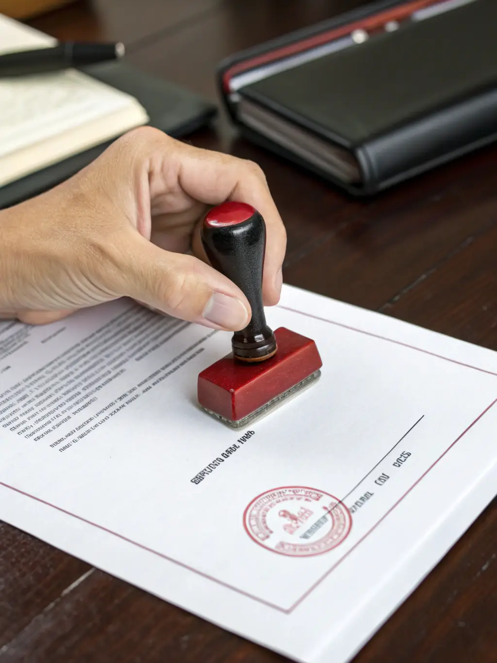 A professional notary stamp being applied to a legal document in a well-lit office setting, symbolizing general notarization services.