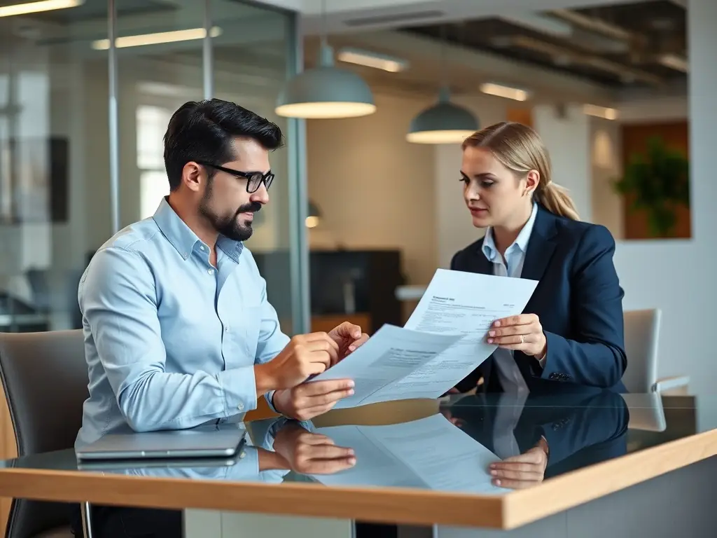 A certified signing agent is shown assisting clients with loan signings, ensuring all parties understand the mortgage documents in a modern office.