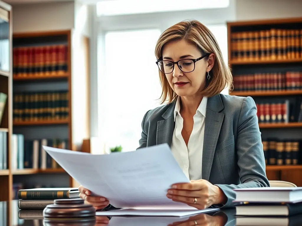 A professional notary public carefully examines a legal document, ensuring all signatures and seals are correctly affixed in a well-lit office setting.